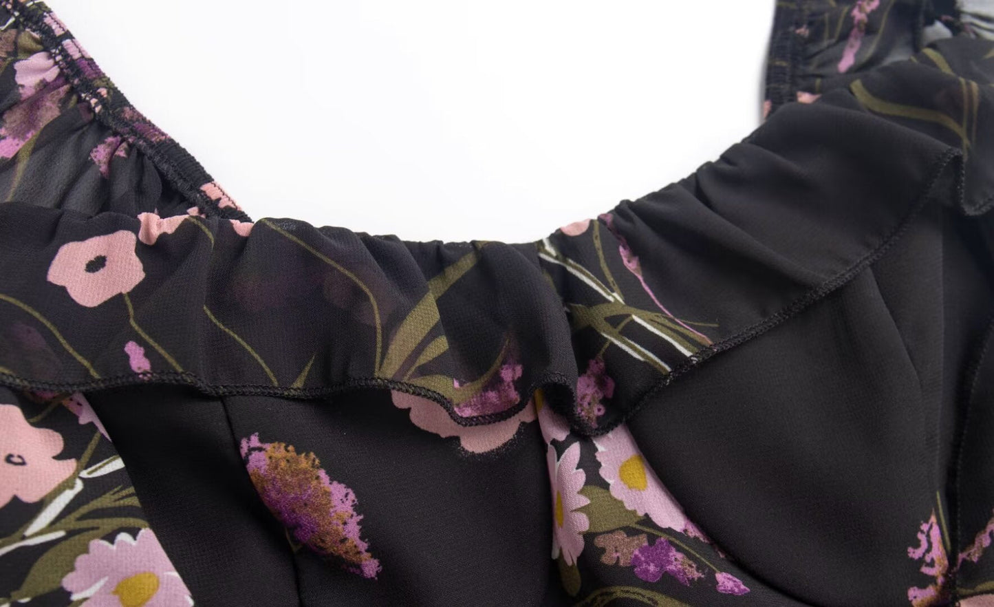 Printed Ruffled Suspender Summer Waist Controlled Lace up Slim Mid Length A line Dress