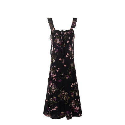 Printed Ruffled Suspender Summer Waist Controlled Lace up Slim Mid Length A line Dress