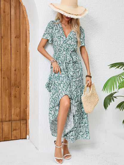 Women Summer Printed V Neck Tie A Line Maxi Dress
