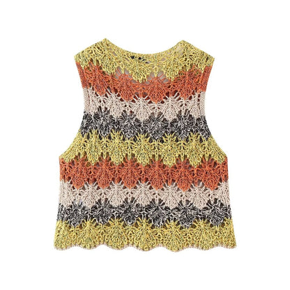 Summer Women Clothing Street Casual Hollow Out Cutout Round Sleeveless Knitwear