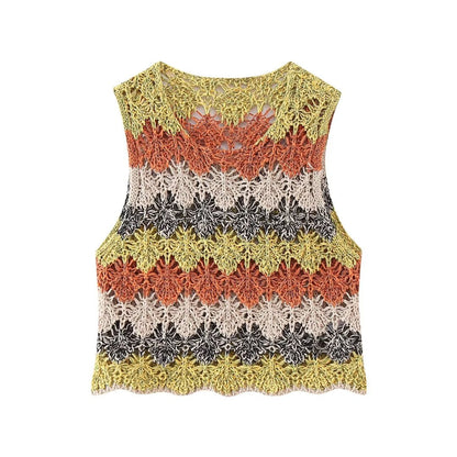 Summer Women Clothing Street Casual Hollow Out Cutout Round Sleeveless Knitwear