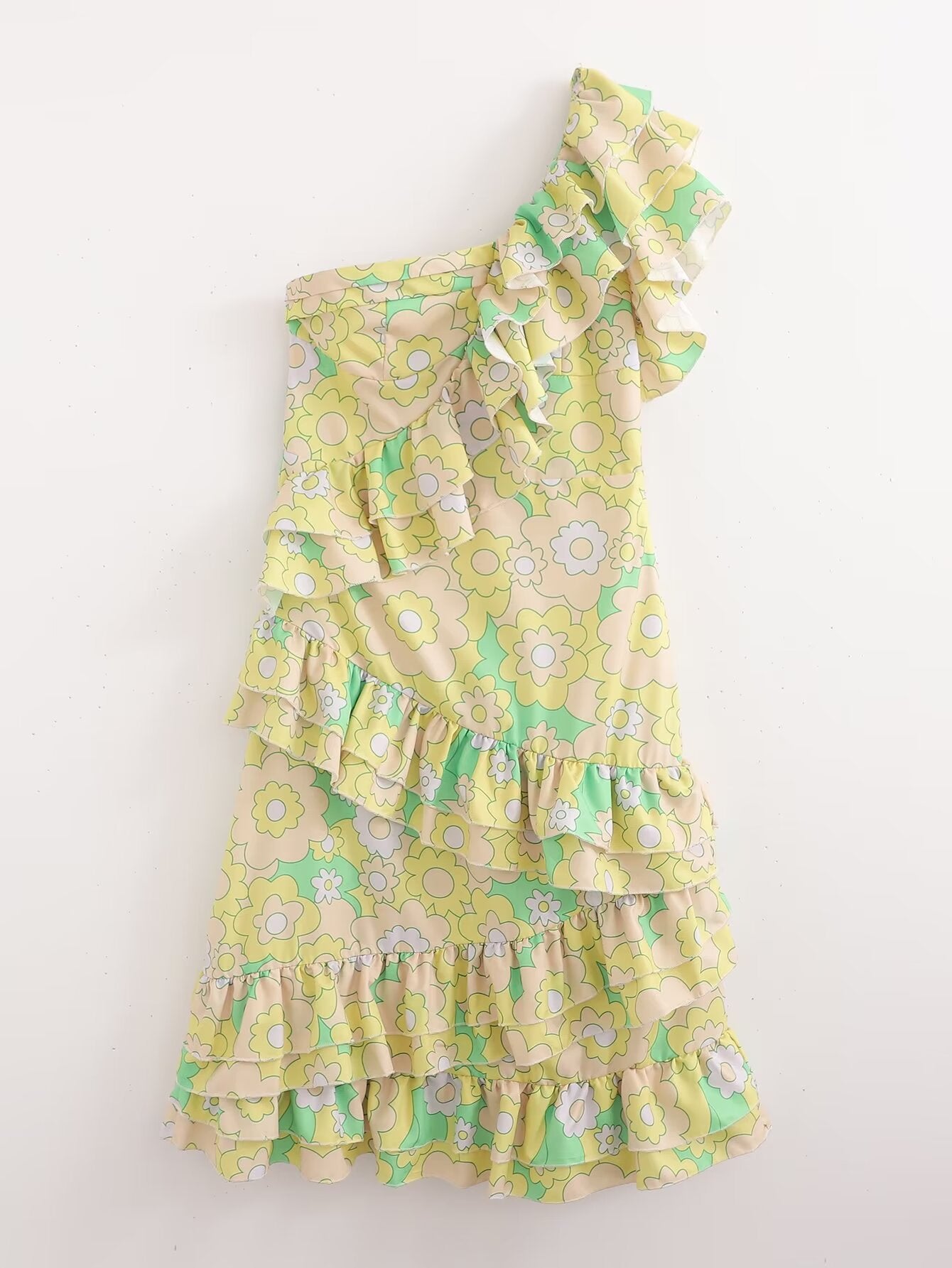 Women Printed Ruffled Sexy off Shoulder Diagonal Collar Loose Dress
