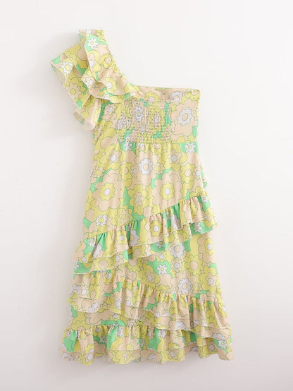 Women Printed Ruffled Sexy off Shoulder Diagonal Collar Loose Dress
