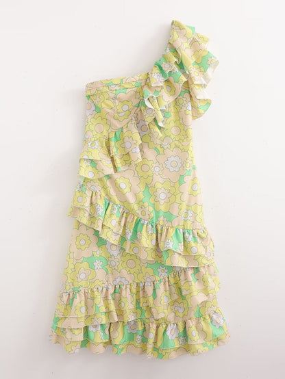Women Printed Ruffled Sexy off Shoulder Diagonal Collar Loose Dress