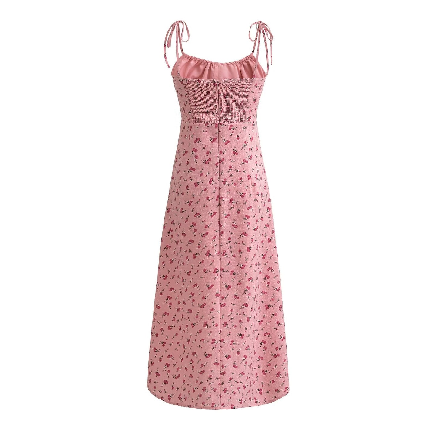 French Sweet Rose Floral Neckline Lace up Suspender Summer Tight Waist Slim A line Holiday Midi Dress