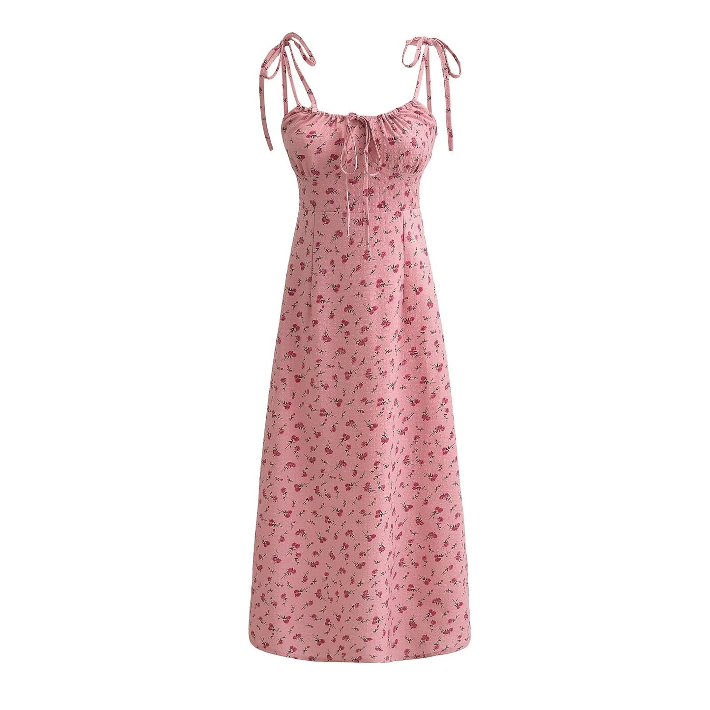French Sweet Rose Floral Neckline Lace up Suspender Summer Tight Waist Slim A line Holiday Midi Dress