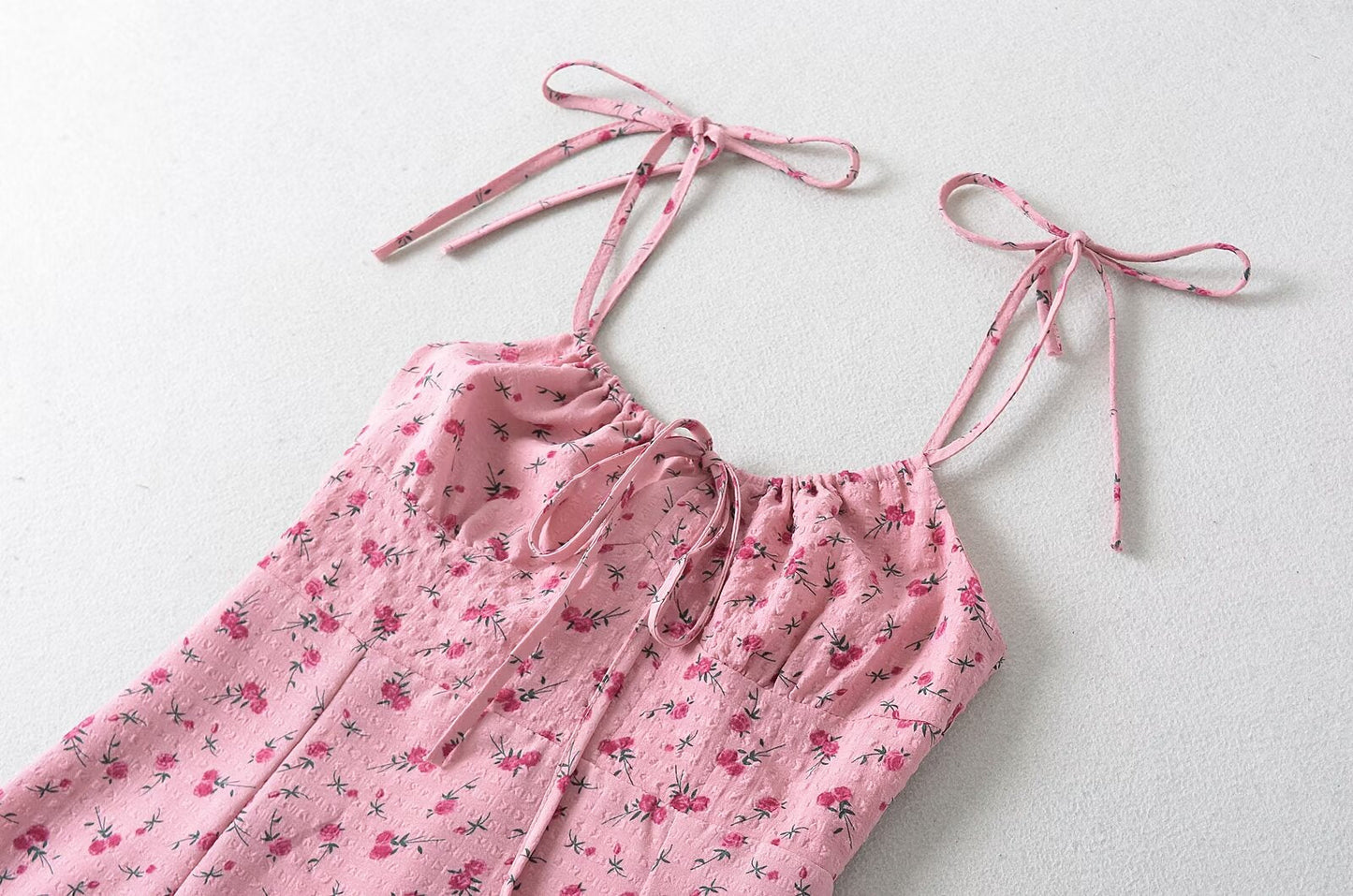 French Sweet Rose Floral Neckline Lace up Suspender Summer Tight Waist Slim A line Holiday Midi Dress