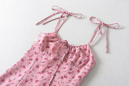 French Sweet Rose Floral Neckline Lace up Suspender Summer Tight Waist Slim A line Holiday Midi Dress