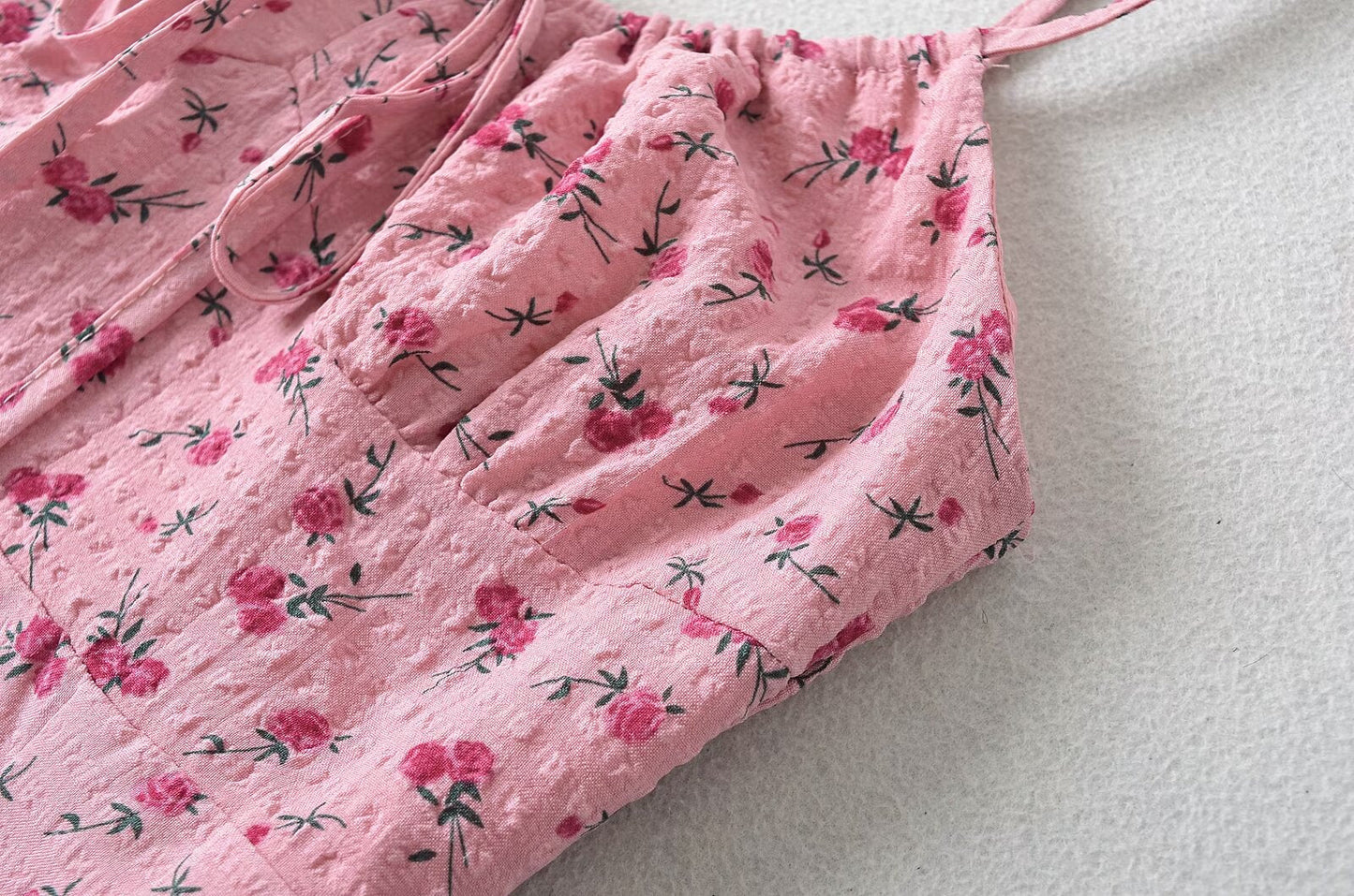 French Sweet Rose Floral Neckline Lace up Suspender Summer Tight Waist Slim A line Holiday Midi Dress