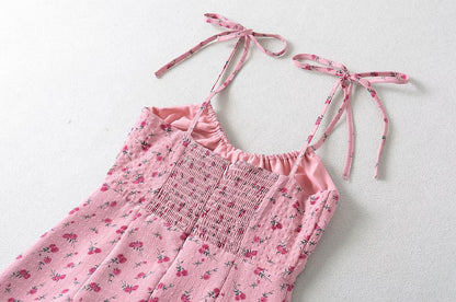 French Sweet Rose Floral Neckline Lace up Suspender Summer Tight Waist Slim A line Holiday Midi Dress