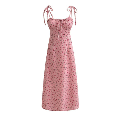 French Sweet Rose Floral Neckline Lace up Suspender Summer Tight Waist Slim A line Holiday Midi Dress