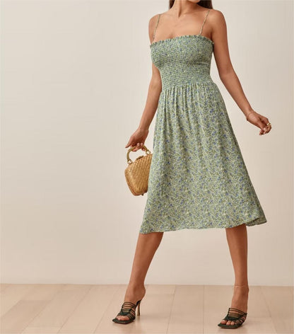 Summer Pastoral Fresh Slim Fit Tied Printing Slip Dress Women