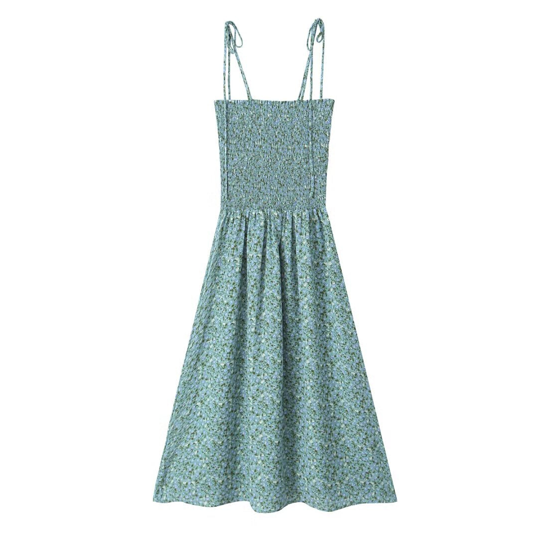 Summer Pastoral Fresh Slim Fit Tied Printing Slip Dress Women