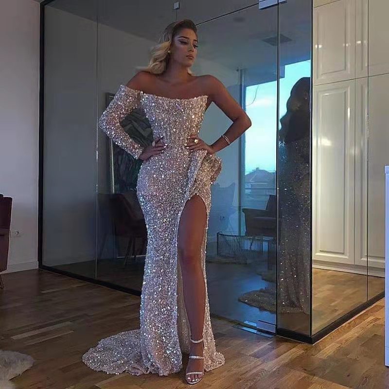 Spring Summer Women Clothing Dress Sexy off the Shoulder Mop Sequined Cocktail Evening Dress