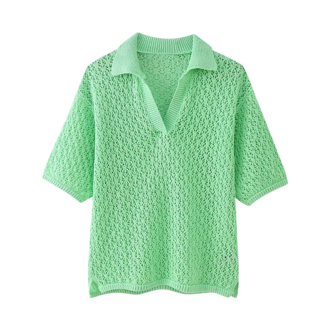 Women Clothing Summer Jacquard Mesh Loose Polo Collar Knitwear