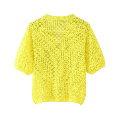 Women Clothing Summer Jacquard Mesh Loose Polo Collar Knitwear