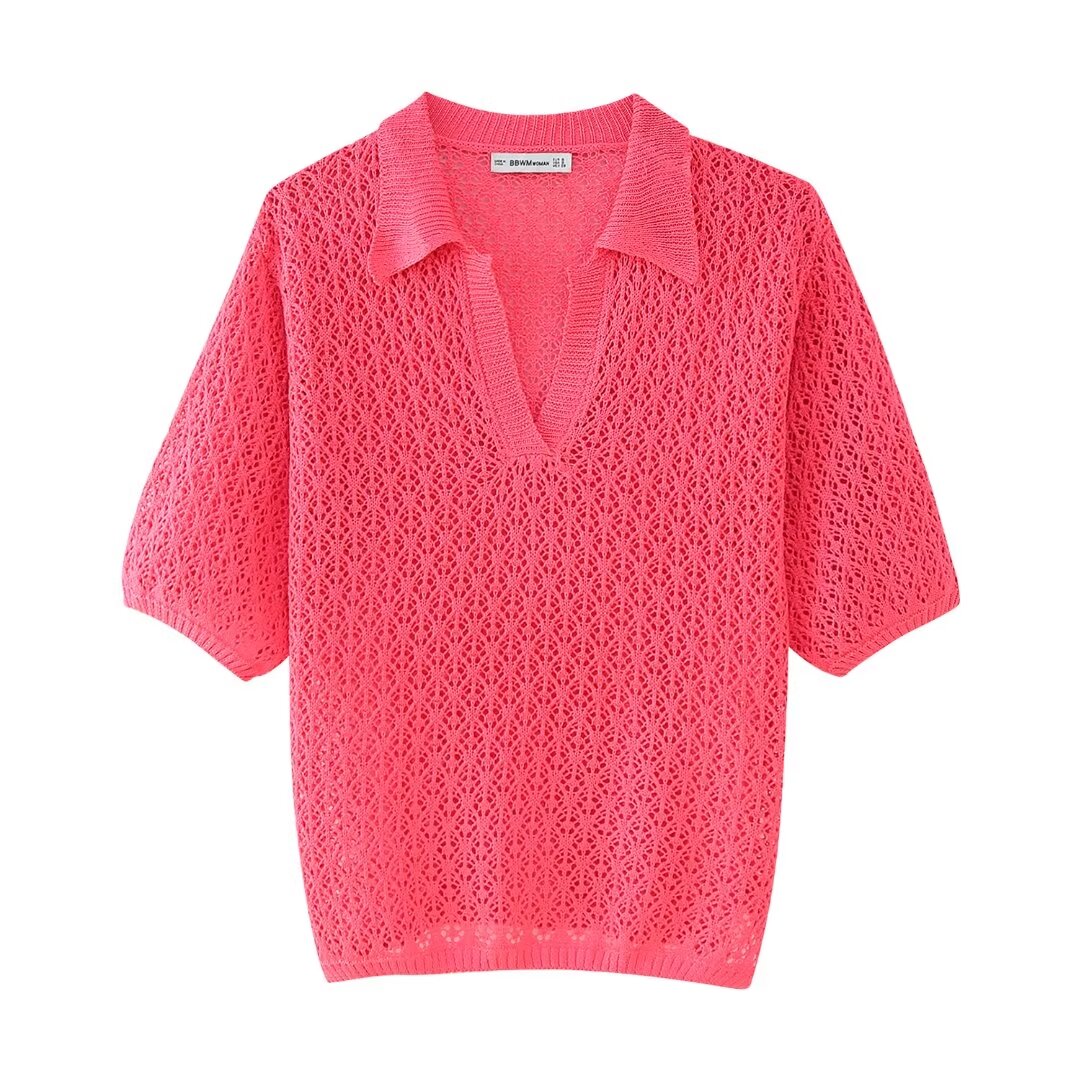 Women Clothing Summer Jacquard Mesh Loose Polo Collar Knitwear