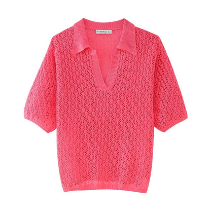 Women Clothing Summer Jacquard Mesh Loose Polo Collar Knitwear