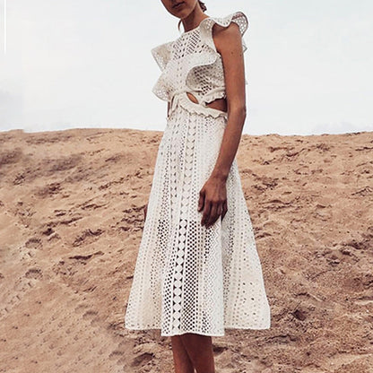 Spring round Neck Short Sleeve Lace Stitching Waist Baring Slim Fit Midi Dress