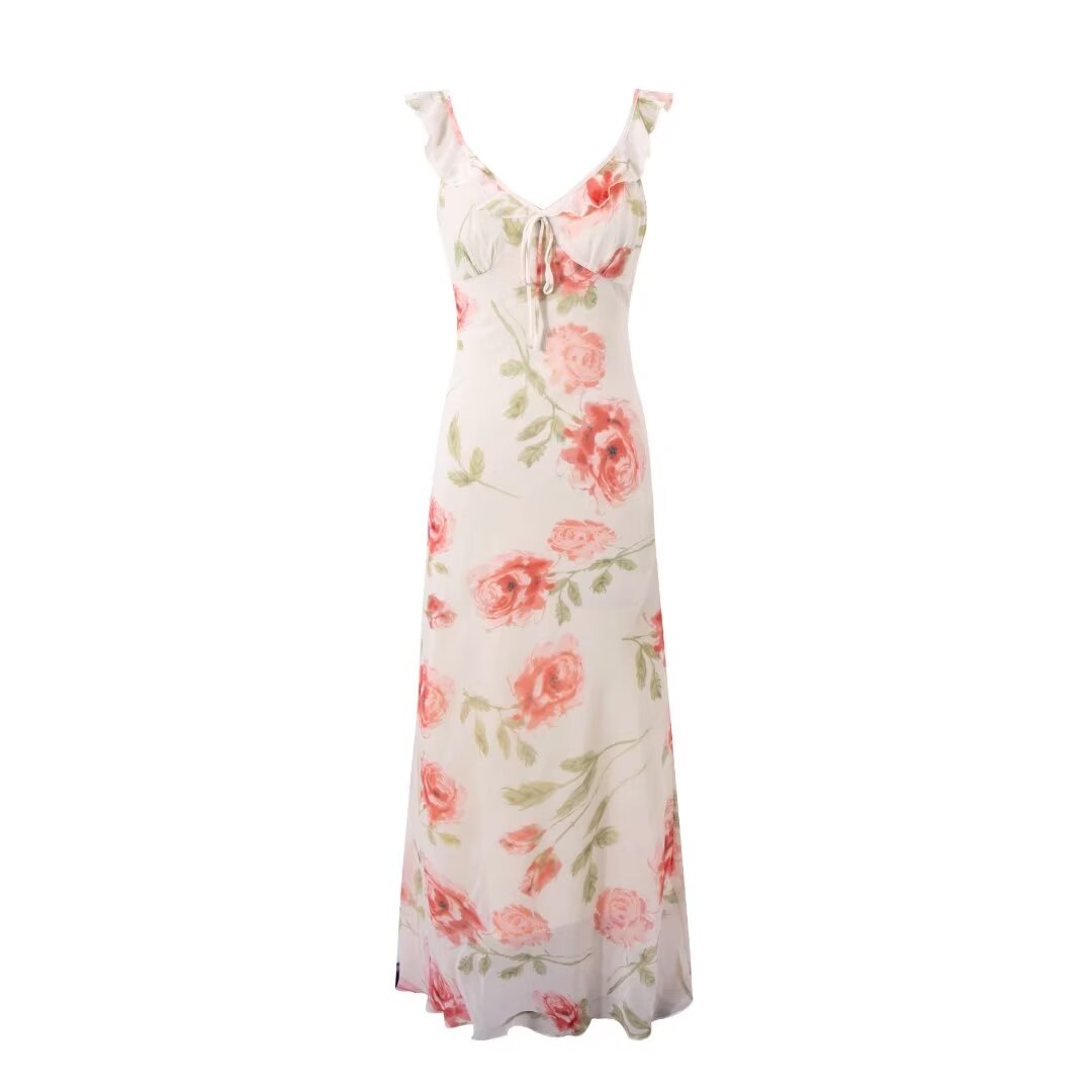 Spring Summer French Sexy Romantic Lotus Leaf Printed V neck Oblique Cut Fishtail Dress