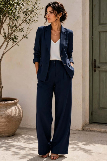 Women's Linen-Look Oversized Double-Breasted Blazer & Wide-Leg Pleated Trouser Suit Set