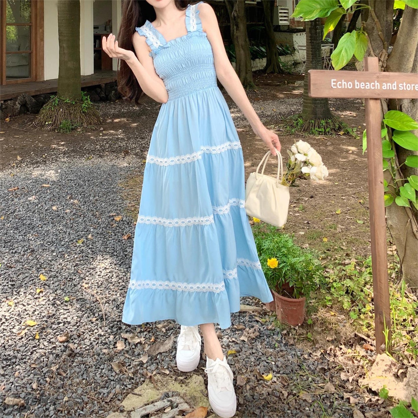 Women Clothing Summer French Gentle Sweet Spaghetti Strap Dress Women Waist Trimming Slimming Dress
