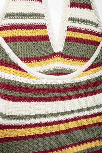 Women Clothing Autumn V Neck Colorful Striped Contrast Color Slim Fit Hip Crochet Dress