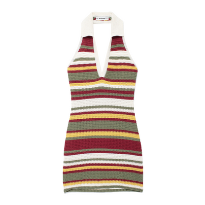 Women Clothing Autumn V Neck Colorful Striped Contrast Color Slim Fit Hip Crochet Dress
