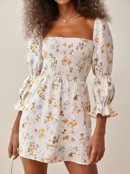 Summer French Printed Pleated Puff Sleeve Dress