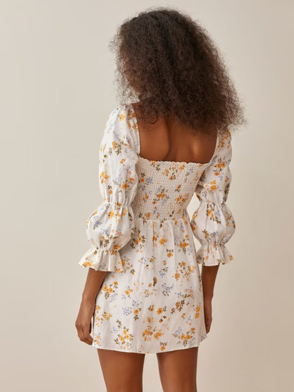 Summer French Printed Pleated Puff Sleeve Dress