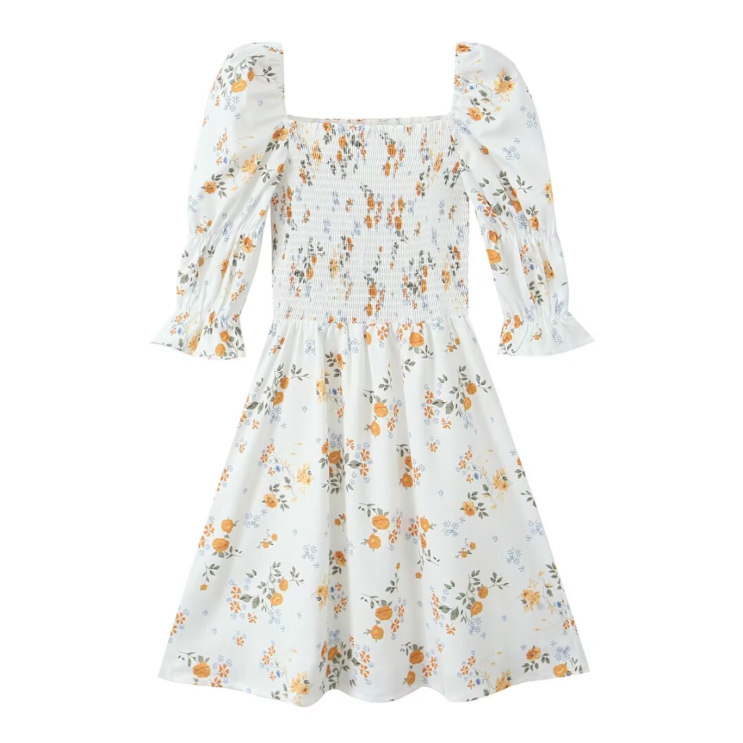 Summer French Printed Pleated Puff Sleeve Dress