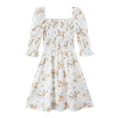 Summer French Printed Pleated Puff Sleeve Dress
