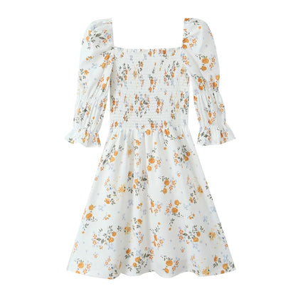 Summer French Printed Pleated Puff Sleeve Dress