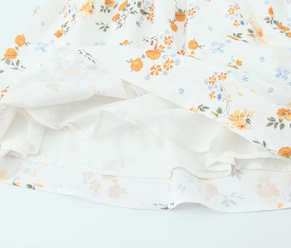 Summer French Printed Pleated Puff Sleeve Dress