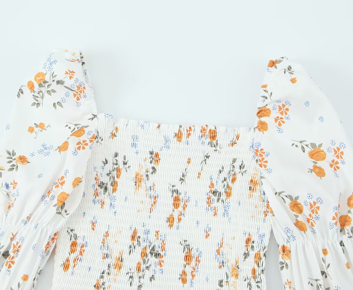 Summer French Printed Pleated Puff Sleeve Dress