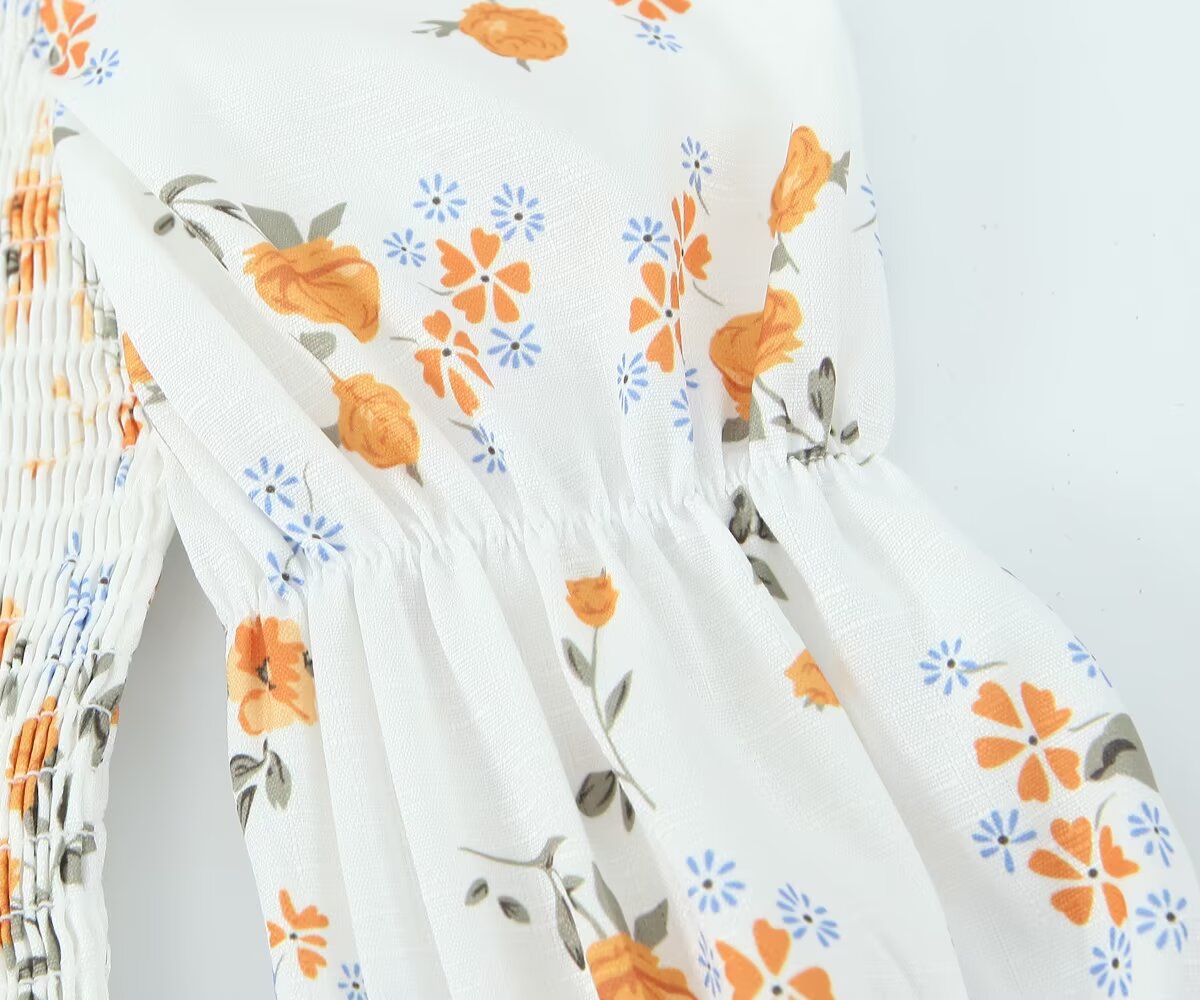 Summer French Printed Pleated Puff Sleeve Dress