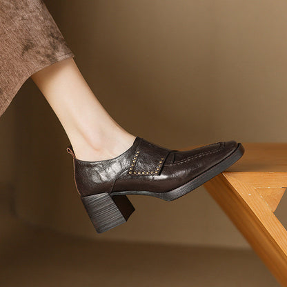 Women's British Style Square Toe Chunky Heel Pumps – Deep Vamp Studded