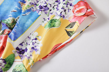 Summer Rose Puzzle Positioning Printed Waist Dress Slim fit Hip