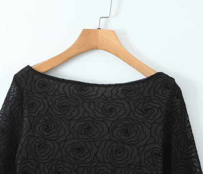 Sexy Pure Black Floral Line round Neck Long Sleeve A line Dress Women Slim Fit Cinched Short Dress Slimming