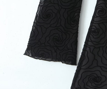 Sexy Pure Black Floral Line round Neck Long Sleeve A line Dress Women Slim Fit Cinched Short Dress Slimming