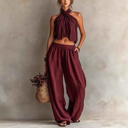 Women's Loose Sleeveless Top & Wide-Leg Pants Set – Linen Blend