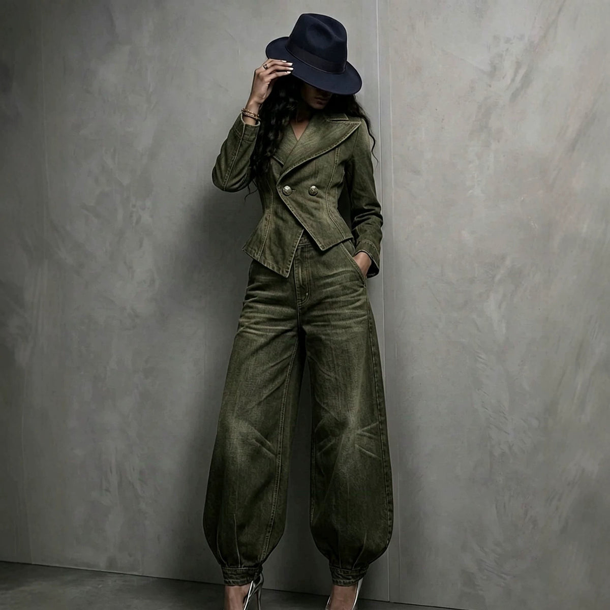 Women's Washed Distressed Denim Asymmetric Double-Breasted Jacket & Balloon-Leg Trouser Set
