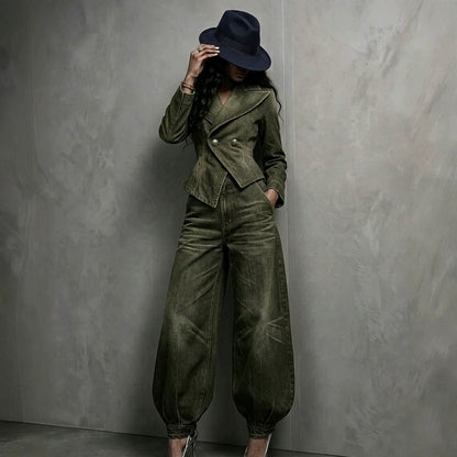 Women's Washed Distressed Denim Asymmetric Double-Breasted Jacket & Balloon-Leg Trouser Set