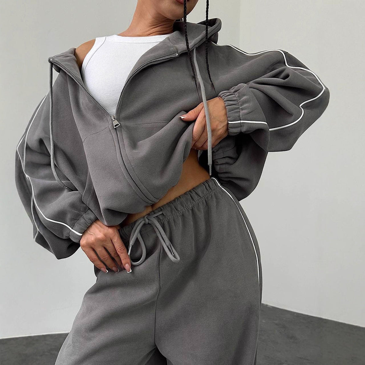 Women's Oversized Cropped Zip-Through Hoodie & Wide-Leg Sweatpants Set