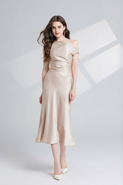 Women Summer Solid Color Asymmetrical Oblique Shoulder Dress