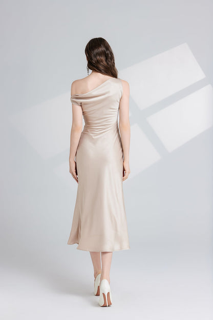 Women Summer Solid Color Asymmetrical Oblique Shoulder Dress