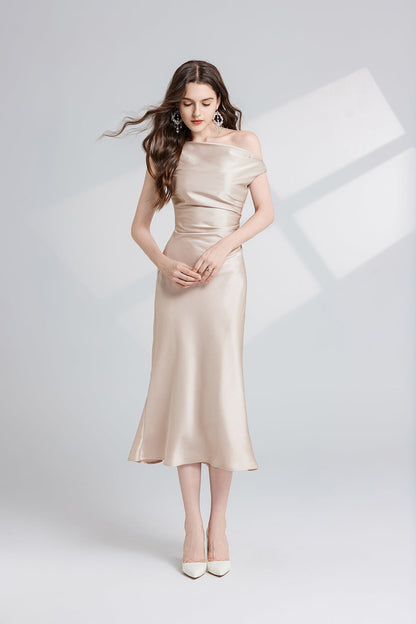 Women Summer Solid Color Asymmetrical Oblique Shoulder Dress
