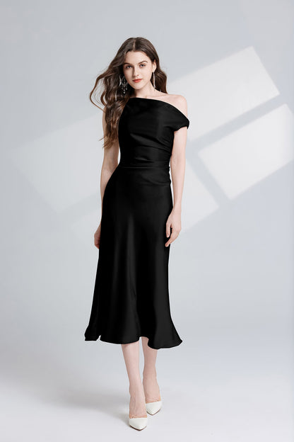 Women Summer Solid Color Asymmetrical Oblique Shoulder Dress