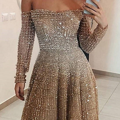 Long Autumn Winter Shiny off Shoulder Long Sleeve Tube Top Dress