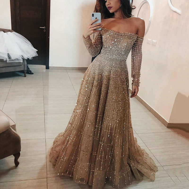 Long Autumn Winter Shiny off Shoulder Long Sleeve Tube Top Dress